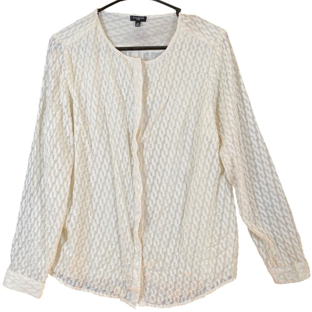Talbots Womens Blouse Cream Geometric Long Sleeve Sheer Round Neck 12P